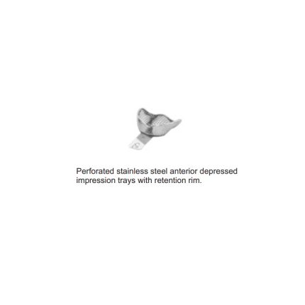 Perforated stainless steel anterior depressed impression trays with retention rim.